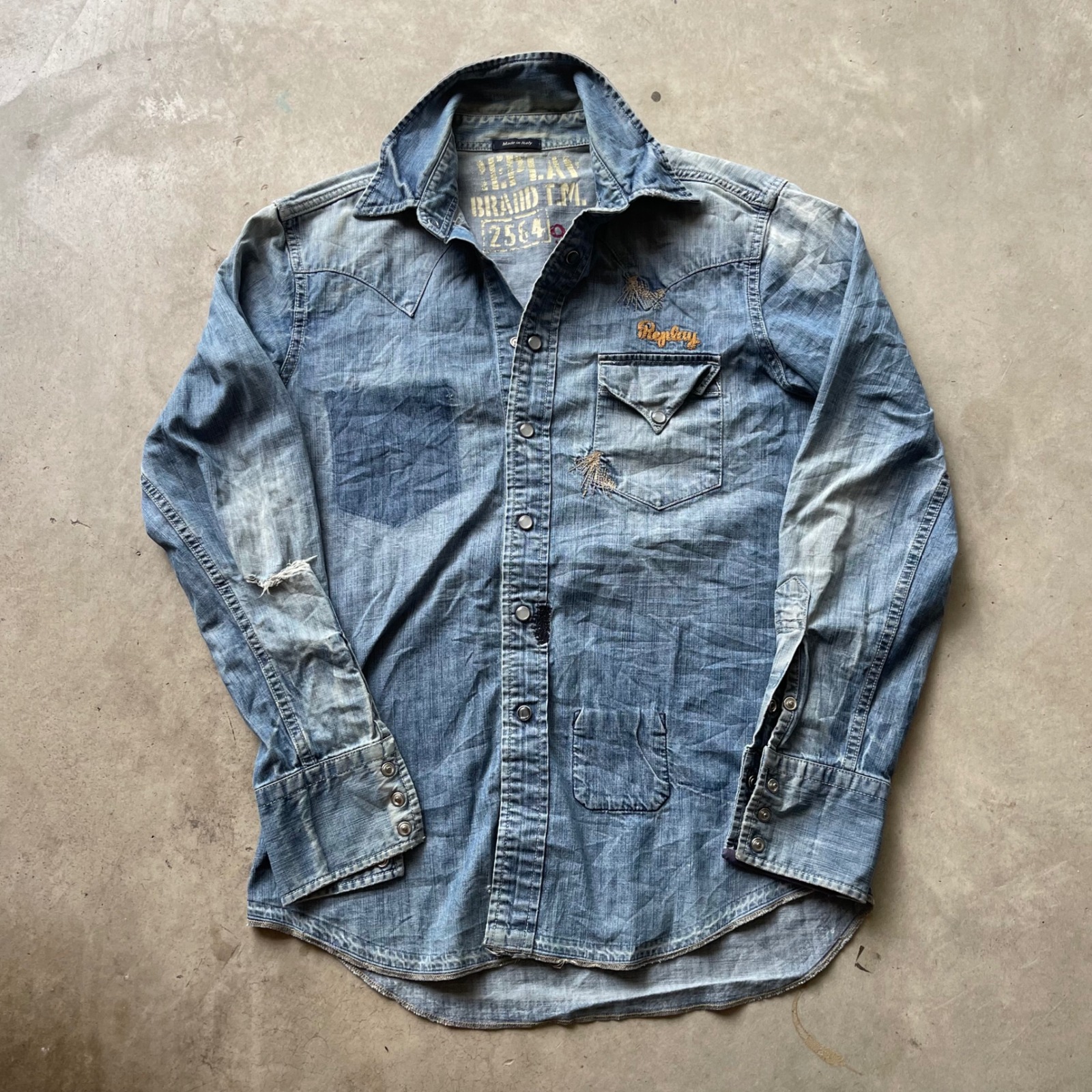 Replay Brand 2564 Mens Distressed Denim Western Pearl Snap Shirt Made In Italy M